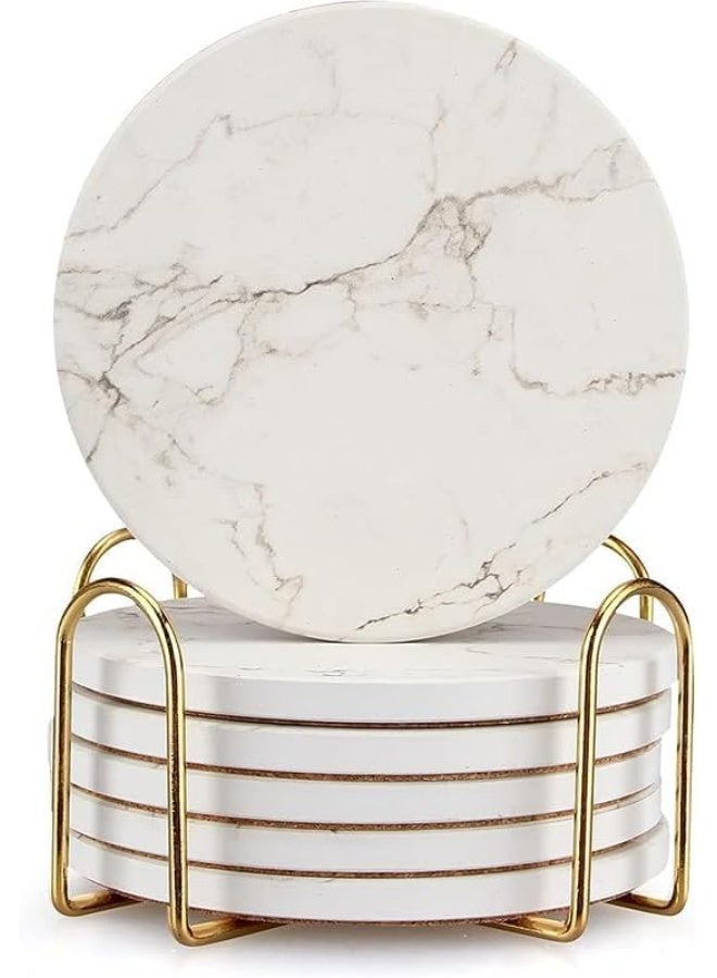 6 قطع من الرخام الأبيض كوستر مجموعة مع حامل أفضل كوسترات امتصاص شرب كوسترات الحجر كوسترات النبيذ السيراميك كوسترات كأس الطاولة - Image 1